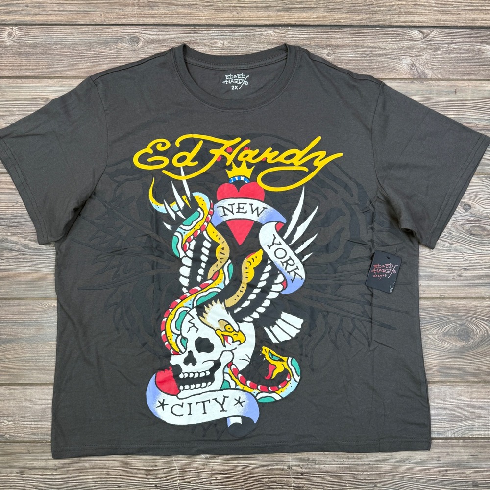 Ed Hardy Mens T-Shirt Charcoal New York City Skull‎ Eagle EHMR1100-10 2X NWT